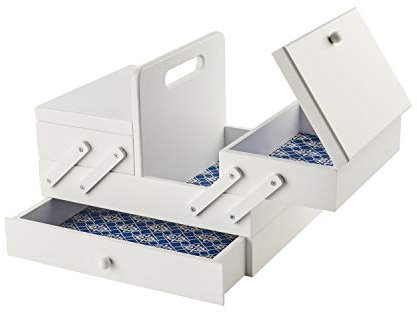Sewing Online Wooden Cantilever Sewing Storage Box 31 x 23 x 24cm White with Geometric Design Interior