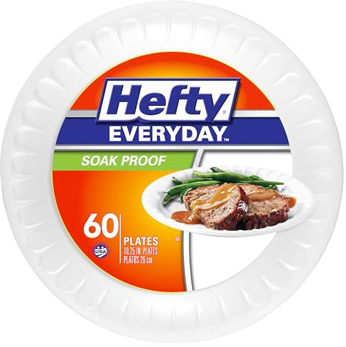 Hefty Everyday Soak-Proof Foam Plates, White, 10.25 Inch, 60 Count
