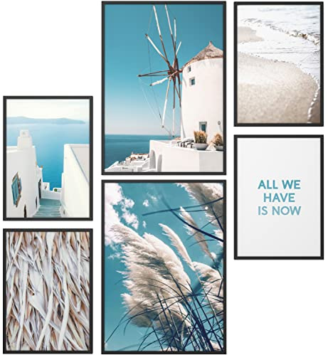 Papierschmiede® Mood Poster Set Greece Vacation, Gerahmte Bilder (Rahmen: Material und Farbe wählbar), Wohnzimmer Deko Schlafzimmer, 2x DIN A3 und 4x DIN A4, blau weiß Griechenland Strand