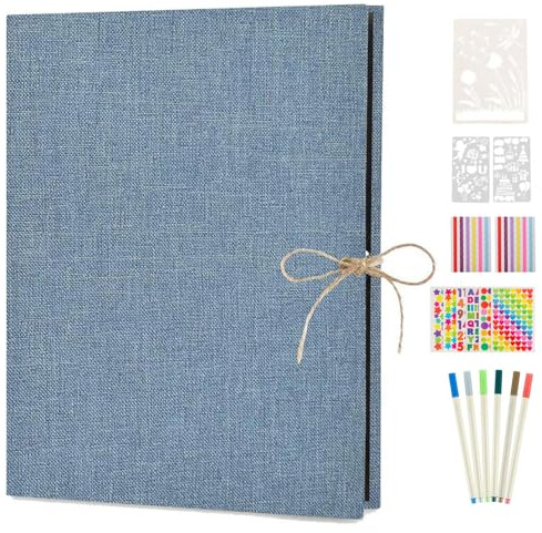 Fotoalbum zum Selbstgestalten, AIOR Schwarze Seiten Fotoalben Scrapbook Groß zum Einkleben, Leinen Nachfüllbar Fotobuch Gästebuch Stammbuch, Geburtstag Jahrestag Geschenk, Blau