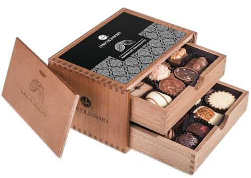 CHOCOLISSIMO Scatola di cioccolato - 20 praline senza alcool in una scatola di legno - Idee regalo per Natale, bambini, compleanno, mamma, uomo, donna - Coffret Gourmand - Chocolaterie
