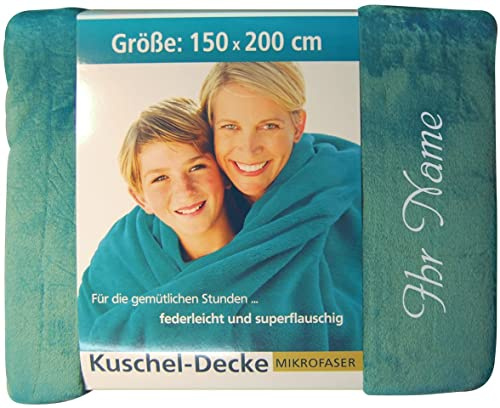 Krings Fashion Wohn- und Kuscheldecke 150 x 200 cm - Individuell anpassbar mit Namen und Text Bestickt - extra weiche hochwertige Decke - Farbe Petrol-personalisiertes Geschenk