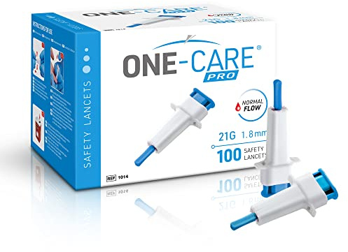 ONE-CARE PRO Safety Lancets, Top Push Button Activated, 21G x 1.8mm, 100/bx, Sterile, Gentle & Convenient Sampling