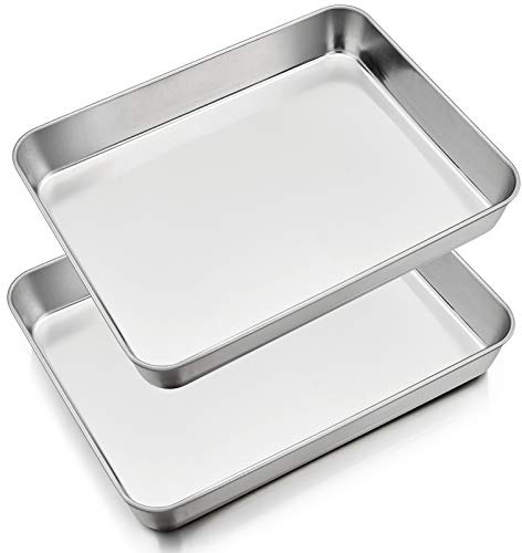 P&P CHEF 12.3 Inch Stainless Steel Sheet Cake Pan, Rectangular Baking Pan for Lasagna Brownie Meats, Cookie Tray Fits in Toaster Oven, Easy Clean & Heavy Duty (2Pcs)