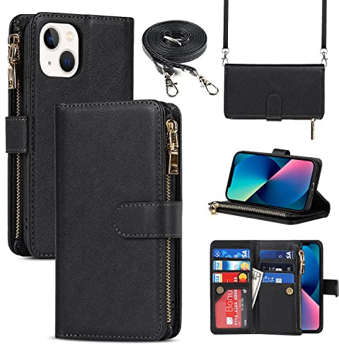 CAVOR Handykette HandyHülle kompatibel mit iPhone 13 Hülle Mit Band,Flip Leder Geldbörse Hülle,[9 Kartenfach][Doppelte Schnalle],Umhängeband Handytasche kompatibel mit iPhone 13 - Schwarz