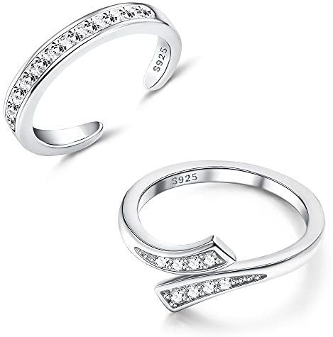 MILACOLATO 2Pcs Sterling Silver Toe Rings Set Cubic Zirconia Adjustable Band Rings Fitted Wrap Around Toe Ring for Women Summer Barefoot Jewelry | Silver