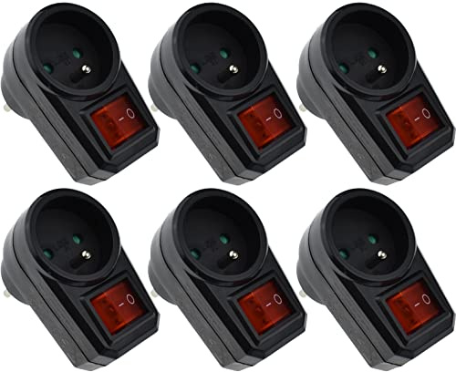 6 adaptadores de enchufe con interruptor color negro 16 A, 230 V, 3680 W