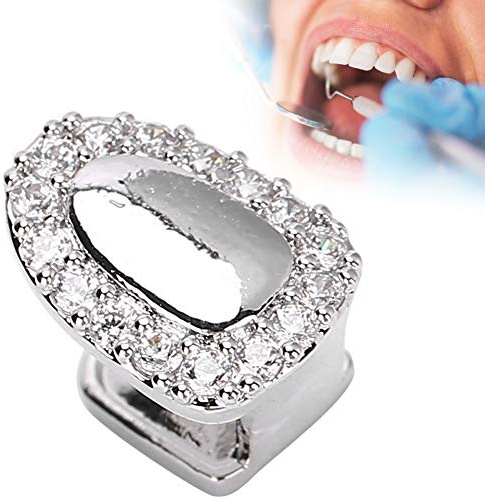 Einzelzahn, Hip-Hop-Zähne, Bling-Zähne, Vergoldet mit Diamant-RundeinzelKappe für Ihre Zähne, Männer, Frauen, Hip-Hop-Schmuck, (Portal Diamant Silber)
