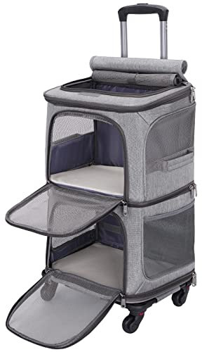 FASRIOU Sac à dos double pour chat avec roues amovibles, sac de transport portable pour chien, sac de transport pliable pour 2 chats/petits chiens/lapins, gris
