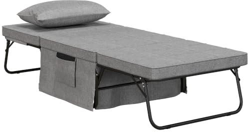 HOMCOM Fauteuil Lit Convertible 4 en 1 Dossier Inclinable 5 Positions Gris | Chauffeuse, Chaise Longue, Pouf, 1 Place, Coussin Inclus, Pochette Rangement, Salon, Chambre à Coucher