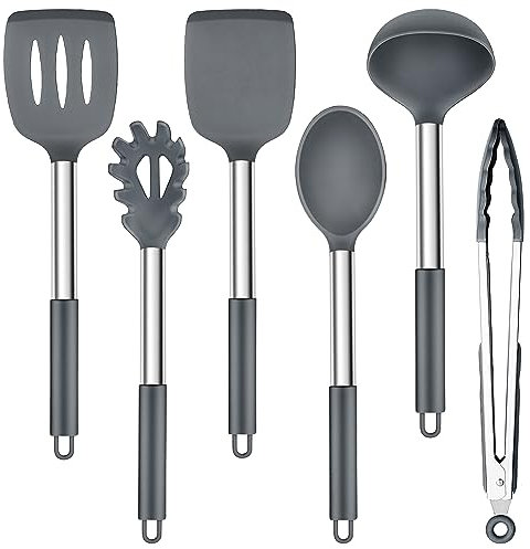 Herogo Juego de utensilios de cocina de silicona, 6 unidades, con mango de acero inoxidable, resistente al calor y antiadherente, espátula de silicona, color gris