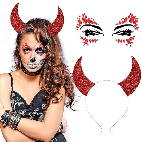 DPKOW Teufel Kostüm Damen Kinder Halloween Teufelshörner Haarreif Rot Glitzersteine Gesicht Strasssteine für Halloween Kostüm Damen Teufel Accessoire Karneval Fasching Party