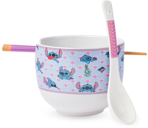 Silver Buffalo Lilo and Stitch Scrump Waves Japanese Pattern Ceramic Ramen Noodle Rice Bowl with Chopsticks and Spoon, Microwave Safe, 20 Ounces