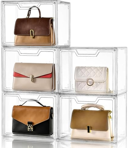 Purse Organizer for Closet,Clear Acrylic Display Case for Handbag Organizer, Purse Storage Box with Magnetic Door, Plastic Storage Bins for Book, Collectibles, Cosmetic (5 Pack)