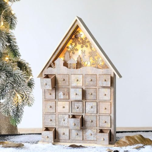 Weihnachts-Adventskalender aus Holz, 24 Tage Adventskalender mit LED-Lichtern, Weihnachts-Schubladen, Countdown-Kalender, beleuchteter Countdown-Zahlen-Ornament, 24 Aufbewahrungsschubladen für