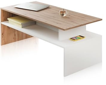 duehome | Mesa de Centro Doble Altura, Mesita para Salon, Mesa Auxiliar, Modelo Iris, Acabado en Color Blanco Artik y Roble Nodi, 108 cm (Largo) x 50 cm (Ancho) x 43 cm (Alto)