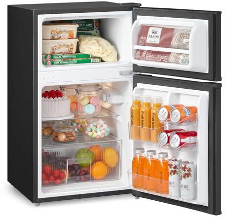 COMFEE' RCT87BL2(E) Under Counter Fridge Freezer, 87L Double Door Small Fridge Freezer with Light, Removable Shelves, Adjustable Thermostats, Reversible Doors Black