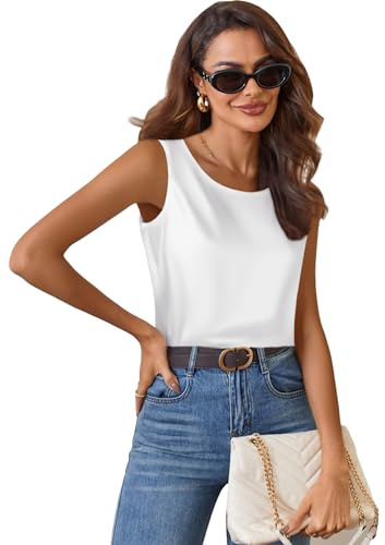 Zeagoo Top Largo para Mujer de Satén Blusa Elegante sin Mangas Cuello Redondo Top de Tirantes Verano Básico Blanco M