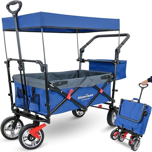 deluxe4home® Bollerwagen mit Dach Faltbar Blau I Handwagen Transportwagen bis 80 kg I Breite Reifen Trolley Bremsen I Robuster Wagen Kinderwagen Strandwagen