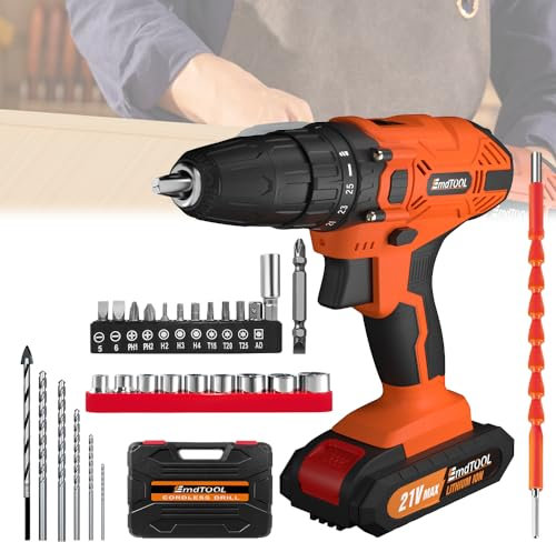 Trapano a batteria, 21 V, avvitatore a percussione, massimo 25 + 1 livelli di coppia, 2 marce, set di punte a batteria con luce LED, 25 accessori per la casa e il giardino fai da te