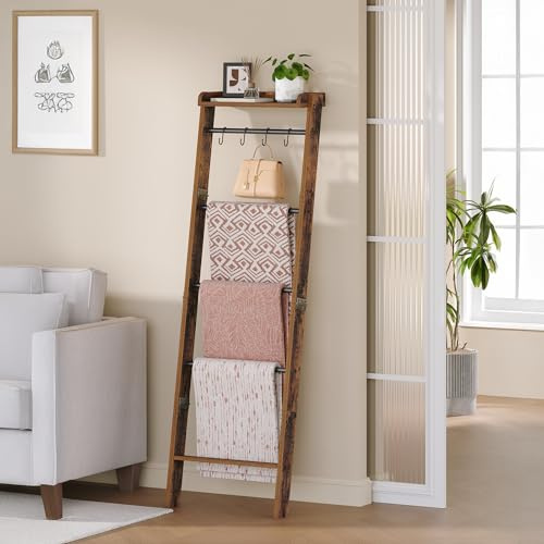 Hzuaneri Blanket Ladder Shelf, Decorative Quilt Rack, 6-Tier Farmhouse Ladder Holder Organizer with 4 Removable Hooks 7.9 D x 17.3 W x 63.4 H, Rustic Brown BR35801B