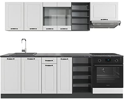 Vicco Küchenzeile R-Line, Küchenblock, Weiß Landhaus/Anthrazit, 240 cm, AP Eiche