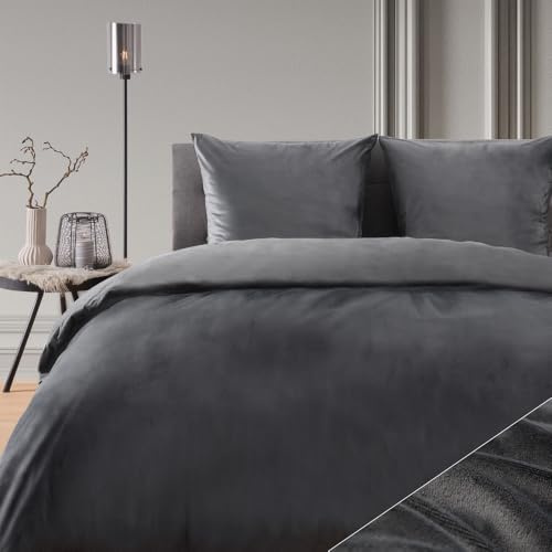 Blumtal Winterbettwäsche 155x220 cm Cashmere-Touch Plüsch – kuscheliges Mikrofaser-Set, Oeko-TEX Zertifiziert, 1 Deckenbezug + 2 Kissenbezüge 80x80 cm – Anthrazit