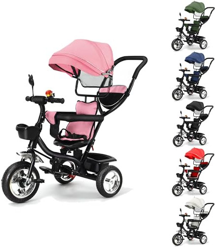 XUANYU 3in1 Kinderdreirad mit Schubstange Lenksystem Drehbarer Sitz Aufrüstbare Dreirad für Kinder Dreirad mit Sonnendach Buggy Fahrrad Vorwärts und Rückwärtsfahrt Jogger für Mädchen Jungen (Rosa)