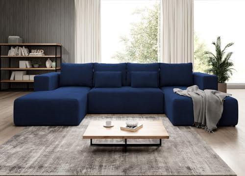 Easy4You Ecksofa Blau Stripes Kord U-Form – 324x73x161 cm - Schlafsofa mit Bettkasten und Schlaffunktion - Eckcouch mit Stauraum – Stoff Kord POSO 05