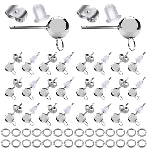 TOAOB 140 orecchini a perno in acciaio inossidabile, 4 mm, a sfera in argento, con dorso a farfalla, Primer e chiusure in silicone, per accessori di gioielli di fabbricazione