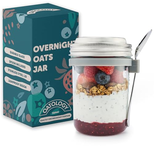 OATOLOGY Glass Overnight Oats Jar Glass Container with Lid | Overnight Oats Container Breakfast Pots Mason Jars Containers with Spoon Over Night Chia Pudding Granola Yoghurt Porridge Pot Lids | 2 pack