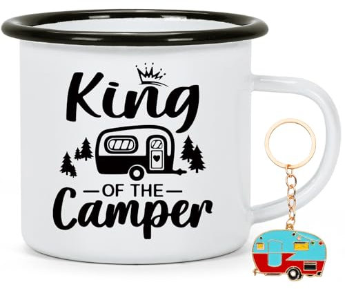 Joymaking Tazza da campeggio smaltata, 350 ml, King of the Camper, regalo per campeggiatori, accessori da campeggio, tazza regalo per amico, 350 ml