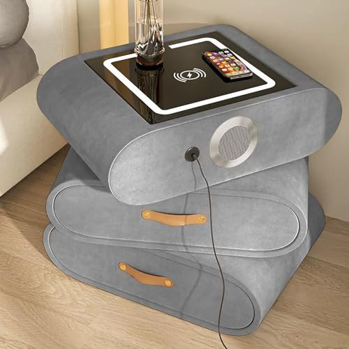 Smart Nightstand with Charging Station, Modern Bedside Table with Drawers, Tall Storage Cabinet, Leather Handle Design, Perfect for Bedroom Décor