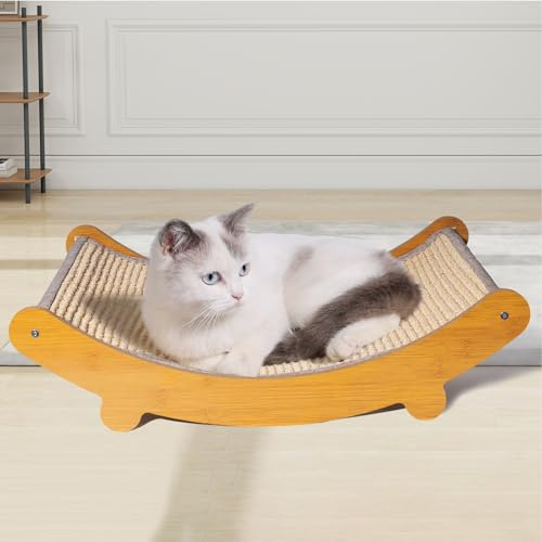 Petzen Sisal Cat Scratching Chair Bed, Curved Wooden Lounger with Sisal Scratching Pad, Large 50cm x 32cm