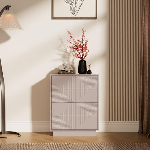 UEV Cassettiera a 4 Cassetti con Motivo a Rombi, Settiminio Spazioso per Archiviazione, Comò Stabile e Durevole per Soggiorno, Camera da letto, Corridoio, 60 x 33,5 x 77,5 cm, Beige Mocca