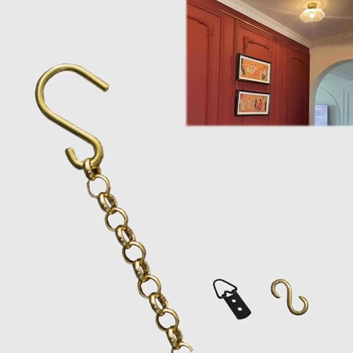 3.3ft Gold Chain with D Ring & Gold S Hook, Brass Picture Hanging Wire Kit, Adjustable Living Room Wall Decor Picture Hanging Cord(10pcs)