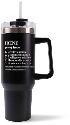 Mug Isotherme 1,2L - Irène Définition Noir – Bouteille avec Anse, Paille et Couvercle – Idée Cadeau Gourde Personnalisée
