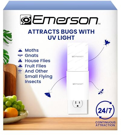Emerson ITL5107 - Raccoglitore per mosche e insetti da interni, con luce UV LED, senza disordine, colla silenziosa per mosche domestiche, mosche della frutta, tarme e moscerini, copertura 24/7