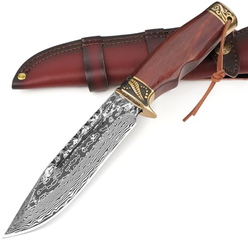 DRACHENADER couteau de chasse damas – 67 couches d’acier damas VG10, forgé à la main, lame fixe de 14,7 cm, couteau survie avec étui en cuir et manche en bois pour camping