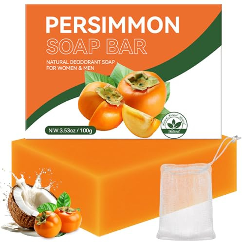 Presimmon Tvål, Naturlig Kaki Tvål för Avlägsnande av Kroppslukt, Peeling Tvål för Ansikte & Kropp, Handgjord Naturtvål, Porförminskande, Badtvål Djupstädning för Män Kvinnor