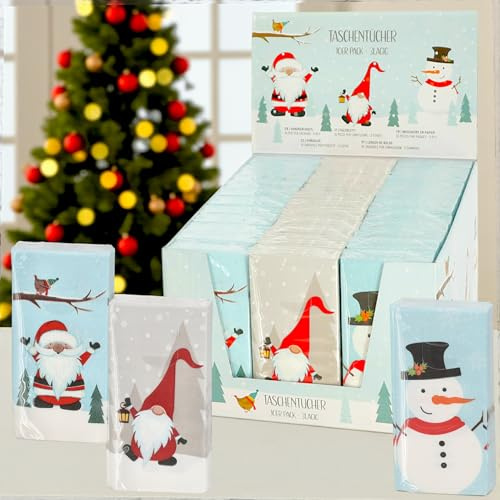 MIJOMA Set di fazzoletti di carta stampati, 3 strati, 10 confezioni – bianco – pensierino per Natale, regalo di gnomo, desiderio di recupero, pratico e morbido (gioia invernale, 36 confezioni)