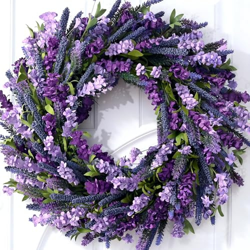 Waipfaru Spring Wreaths for Front Door, 22 Inch Spring Summer Lavender Wreath with Purple Forsythia Flowers for Indoor Outdoor Wall Porch Window Farmhouse Decor