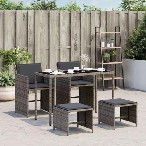 QJBSAVVA 5-TLG. Gartenmöbel-Set Poly-Rattan mit klappbarem Gartentisch 115 x 54 x 74 cm und 2 Stühlen 2 Hockern grau dunkelgrau Kissen platzsparend für Balkon Terrasse und kleine Gärten