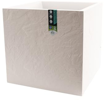 EDA - Pot Carré 50 cm Volcania 57 L - Décor Imitation Pierre - Double Paroi - Zone de Rétention d'eau - 49,5 x 49,5 x 49,5 cm - Beige Calcaire