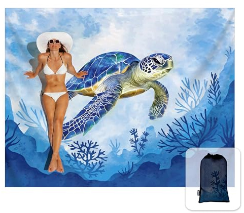 Sunlit Silky Soft 81x106 Sand Proof Beach Blanket Sand Proof Mat with Corner Pockets and Fashion Mesh Bag for Beach Party, Travel, Camping and Outdoor Music Festival, Blue Turtle and Coral