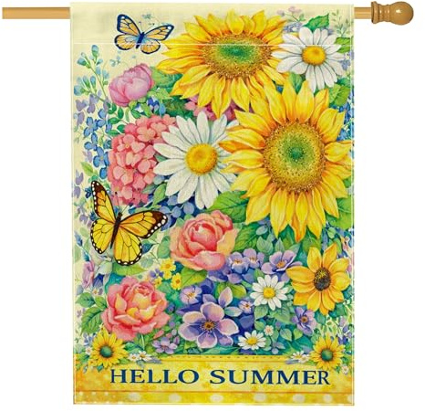 Bandiera estiva per la casa con girasole, fiori estivi con farfalle e crisantemo gialli estivi su entrambi i lati, grande bandiera da giardino per esterni, patio, prato, ingresso campeggio, 71 x 101