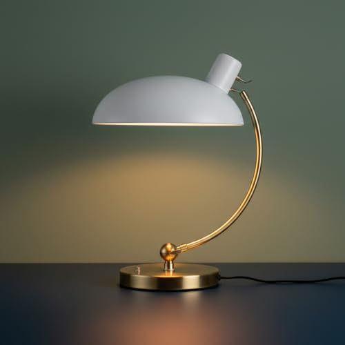 BARCELONA LED-Tischleuchte Ulia aus Metall, weiß und gold, Bauhausstil, Vintage, industriell und nordisch, modern, mit verstellbarem weißen Lampenschirm, E27, klassisches Design