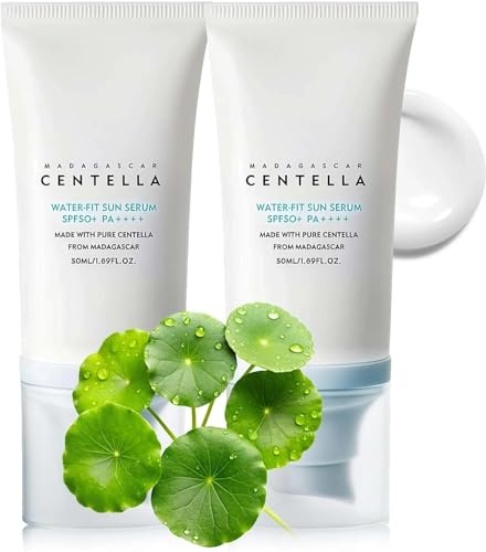 Madagascar Centella Sunscreen SPF 50+, 2PCS Lightweight Suncream & Hyalu-Cica Sun Serum, Air-Fit & Water-Fit, No White Cast, Non-Greasy, Soothes Sensitive Skin