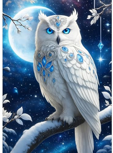 GDYEEH Weiße Eule Diamond Painting Kits Erwachsene, 5D Schneeeule Diamant Kunst Bilder Anfänger, DIY Runder Vollbohrer Mondscheinnacht Diamanten Malerei Stickerei Geschenke Home Wand Dekor 30x40 cm