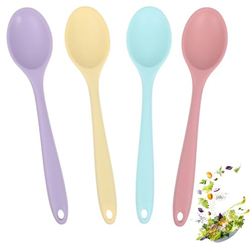 Classicseali 4PCS Silicone Spoons for Eating, Heat Resistant Mini Silicone Spoon, 7.87'' Silicone Spoon Small, for Stirring, Baking & Mixing, Dishwasher Safe, 4 Colors
